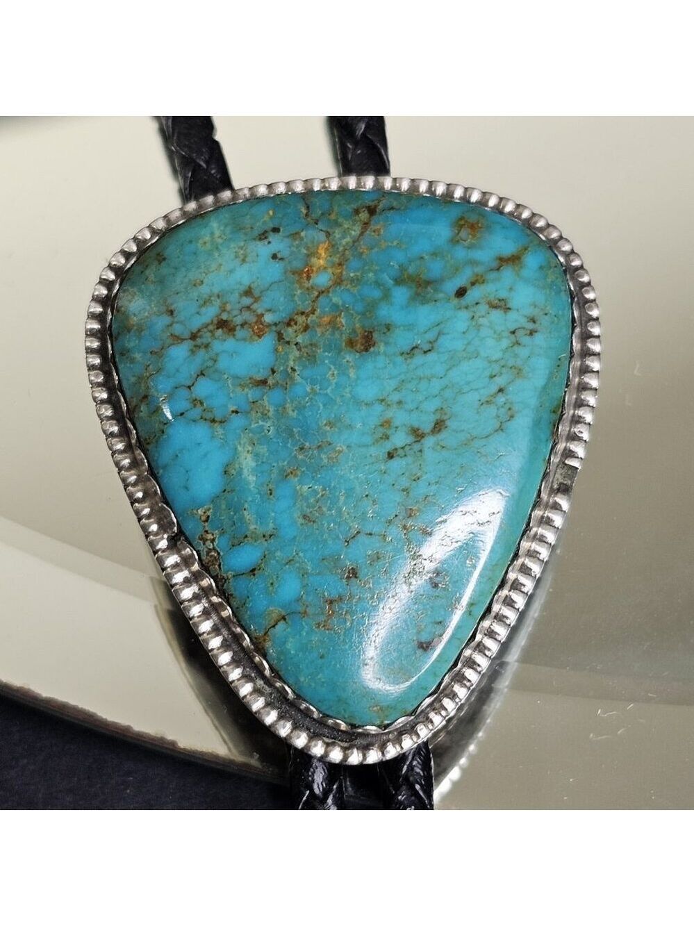 Navajo Turquoise On Silver BOLO Tie Hallmarked K E E with Sterling 925 Tips KEE - Picture 2 of 16